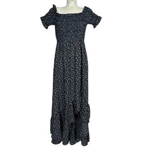 Mi Ami Smocked Off Shoulder Maxi Dress Size L Navy Floral High Low Hem